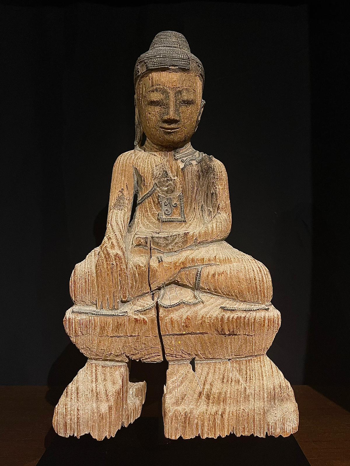 Lacquered teakwood seated Buddha in Bhumisparsha mudra- 7218